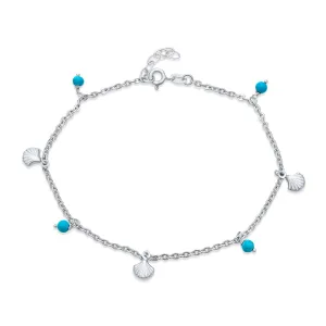 Nautical Charm Anklet Ankle Bracelet Turquoise Clam Seashell Sterling Silver