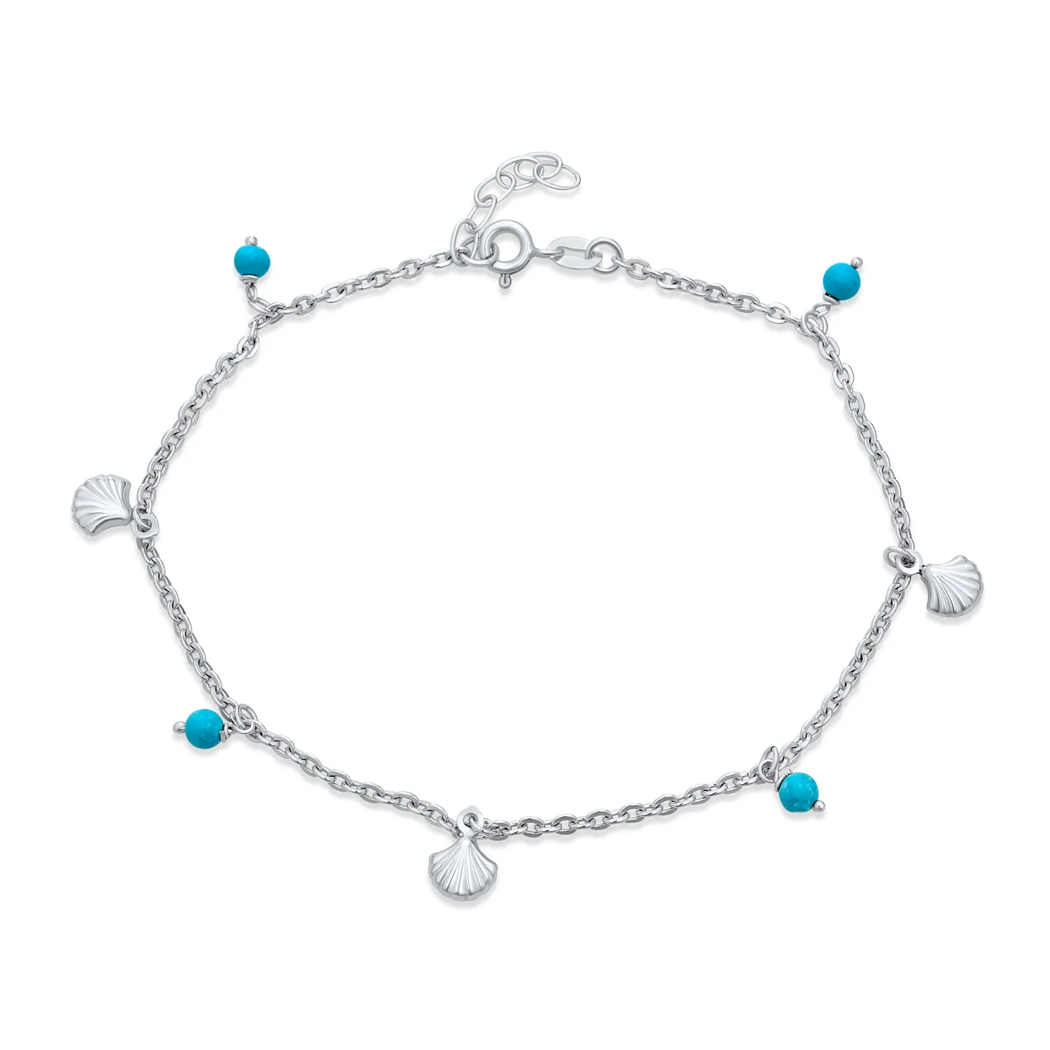Nautical Charm Anklet Ankle Bracelet Turquoise Clam Seashell Sterling Silver