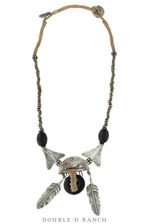 Necklace, MB, Sterling Silver & Onyx, Focal Feathers, Mummy's Bundle, Vintage, 3497