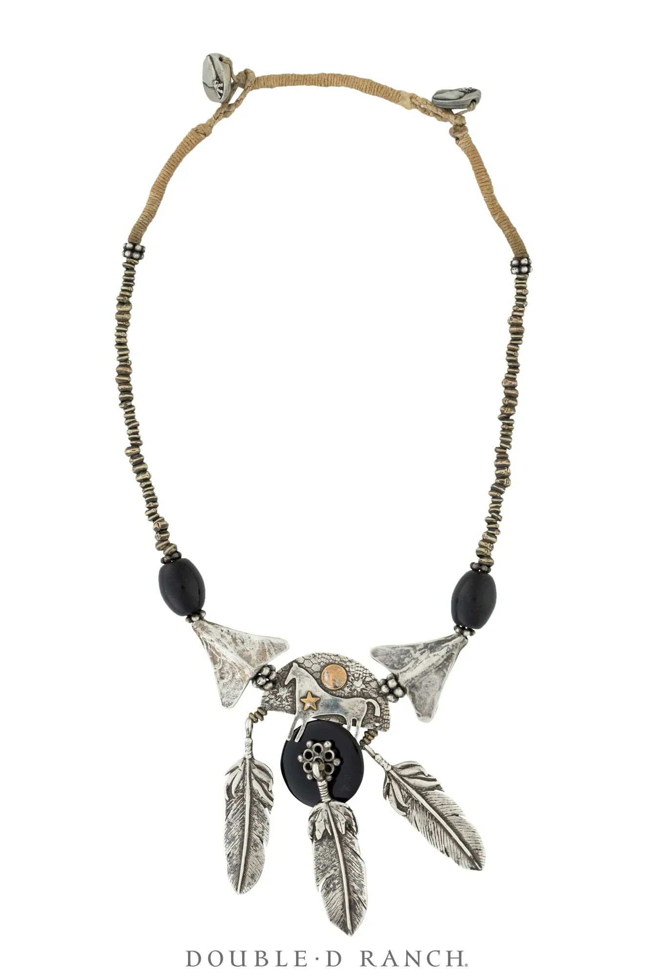 Necklace, MB, Sterling Silver & Onyx, Focal Feathers, Mummy's Bundle, Vintage, 3497