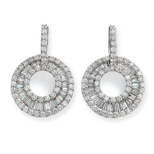 Open Circle Baguette Dangle Diamond Earrings In 18k White Gold.