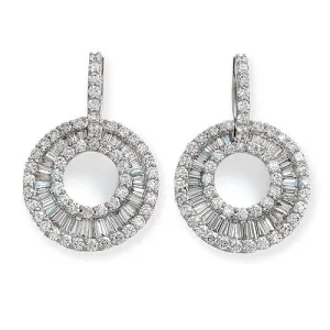 Open Circle Baguette Dangle Diamond Earrings In 18k White Gold.