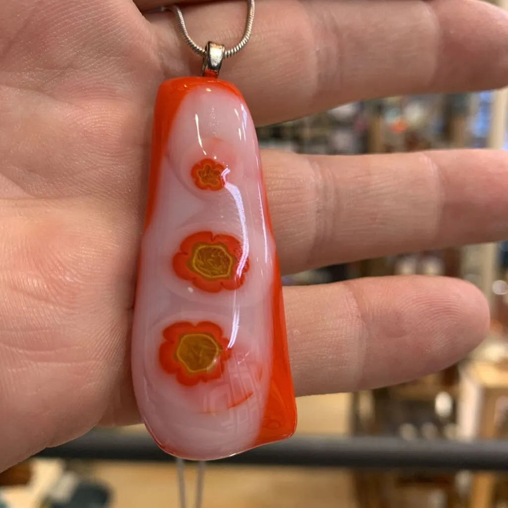Orange Flowers Glass charm silver necklace