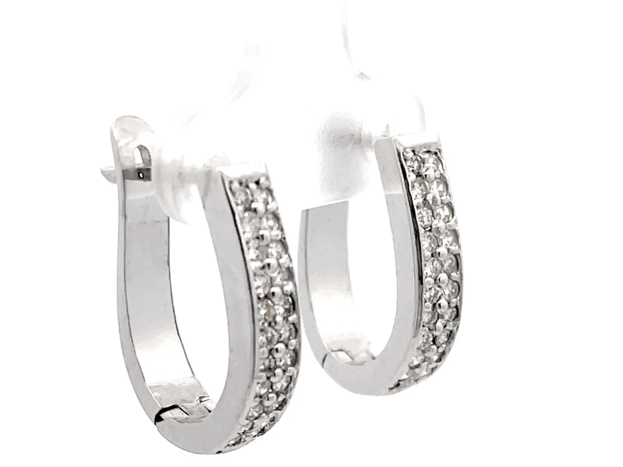 Oval Hoop Diamond Earrings Solid 14K White Gold