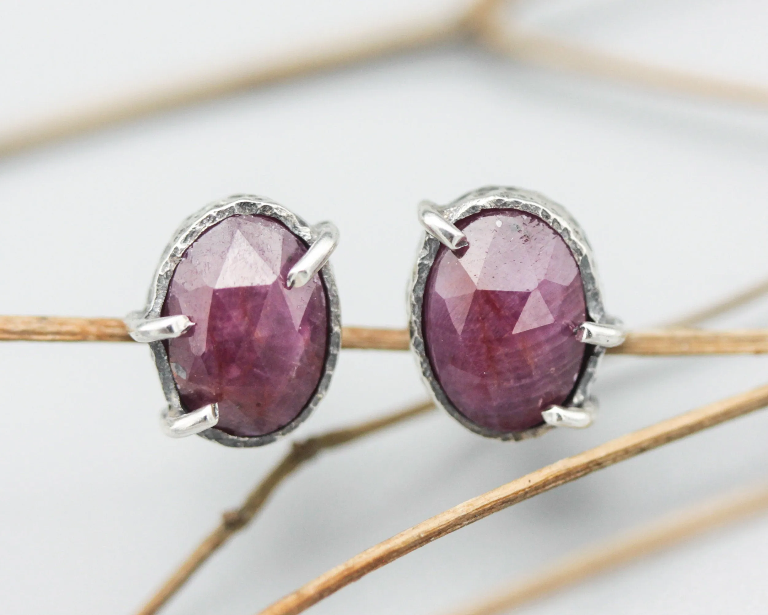Oval rose cut pink sapphire stud earrings in bezel and prongs setting with sterling silver post and backing