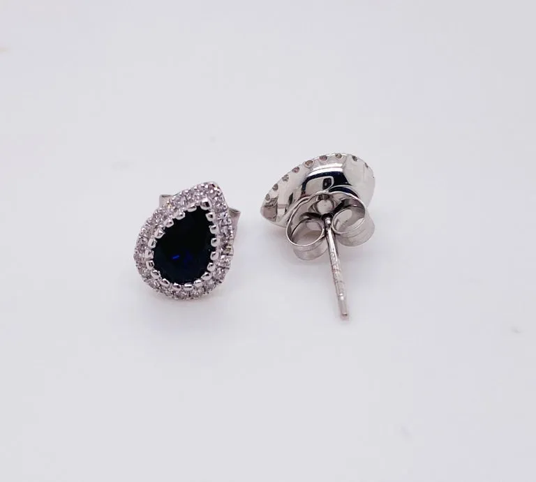 Pear Blue Sapphire Diamond Halo Stud Earrings