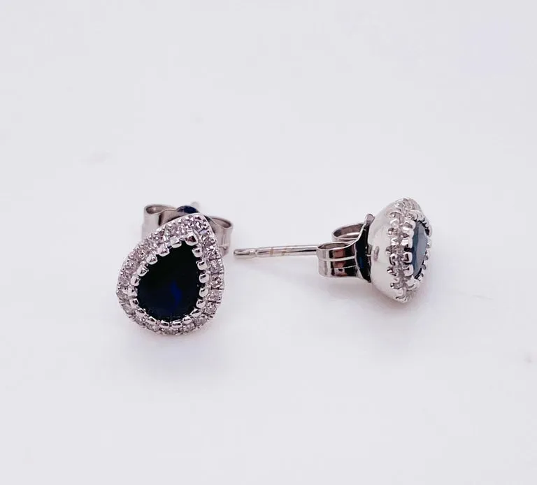Pear Blue Sapphire Diamond Halo Stud Earrings