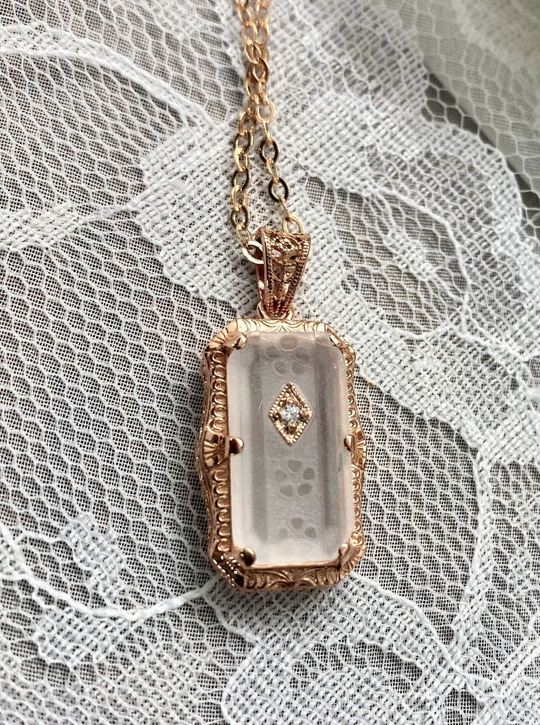 Pendant, Frosted Camphor Glass Rose Gold plated Necklace #P232