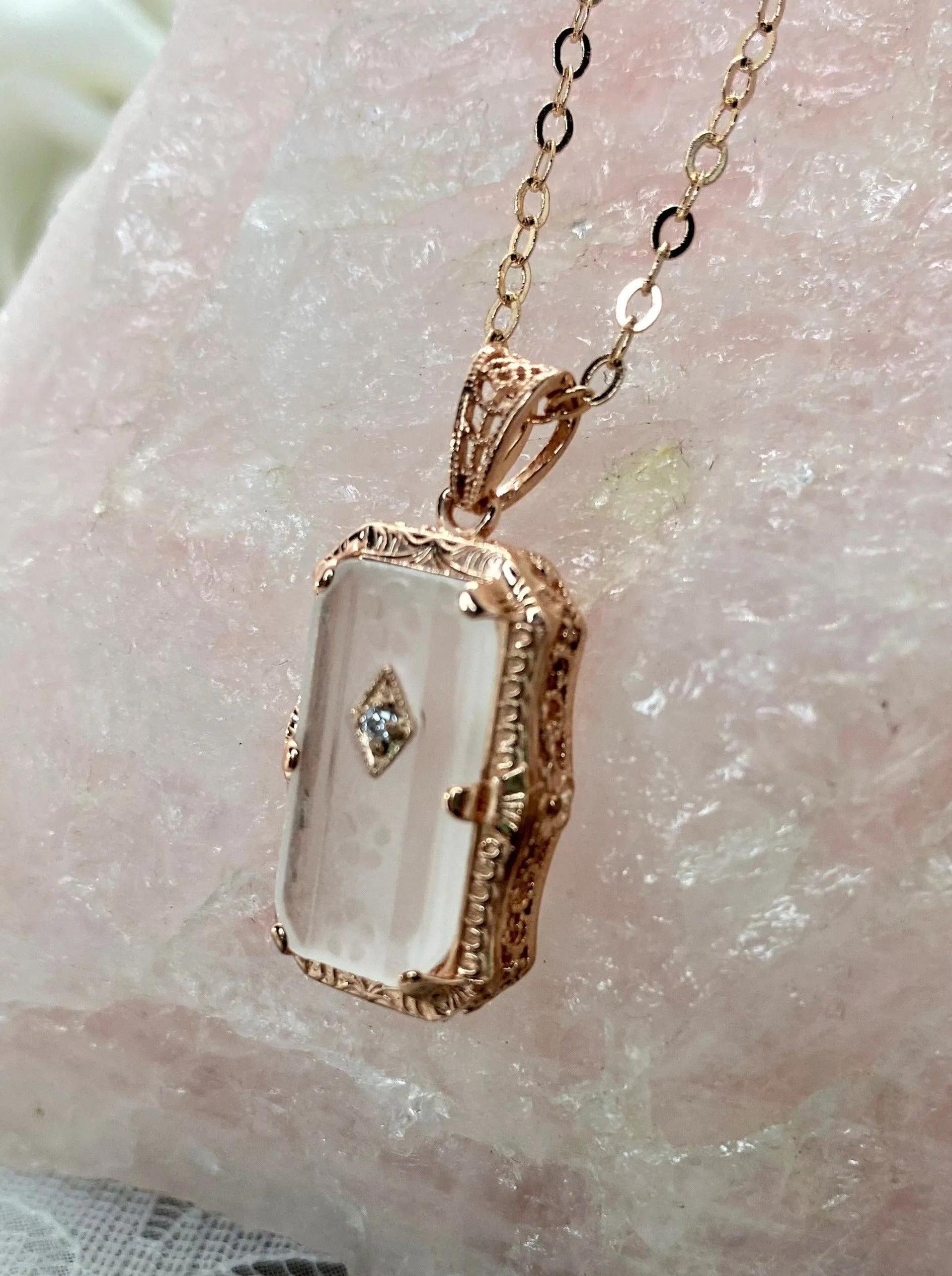 Pendant, Frosted Camphor Glass Rose Gold plated Necklace #P232