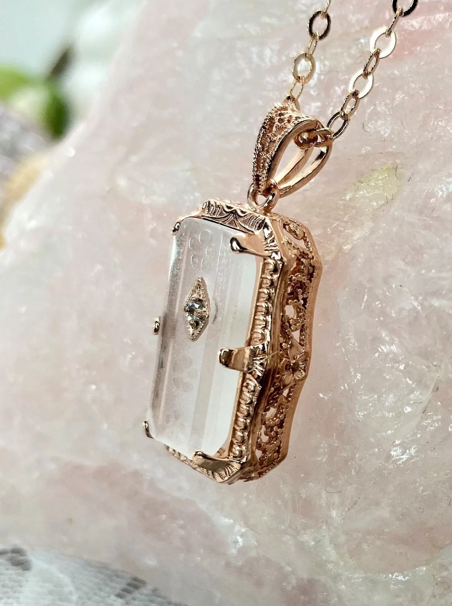 Pendant, Frosted Camphor Glass Rose Gold plated Necklace #P232