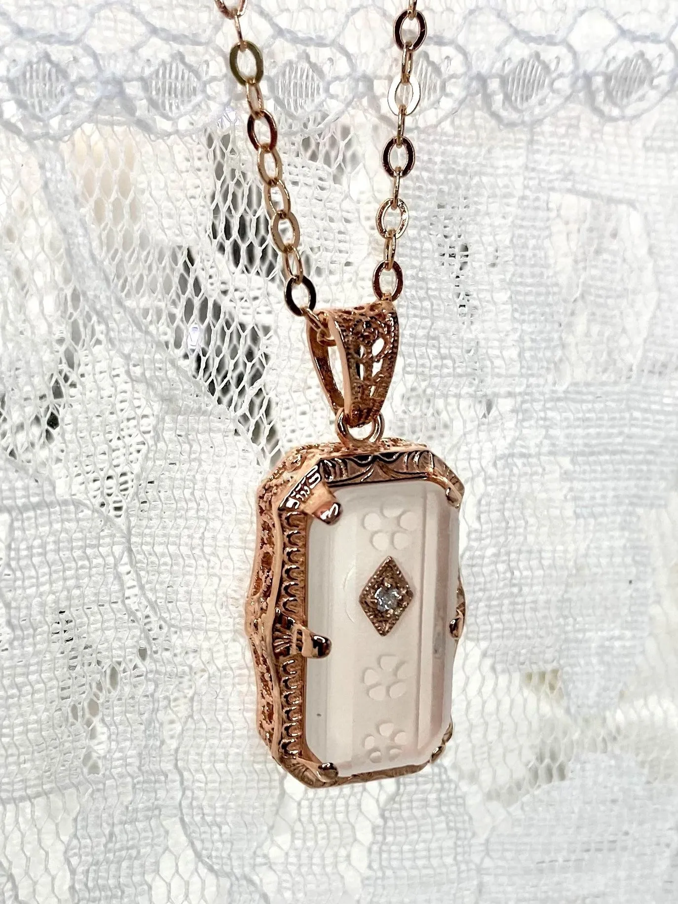 Pendant, Frosted Camphor Glass Rose Gold plated Necklace #P232