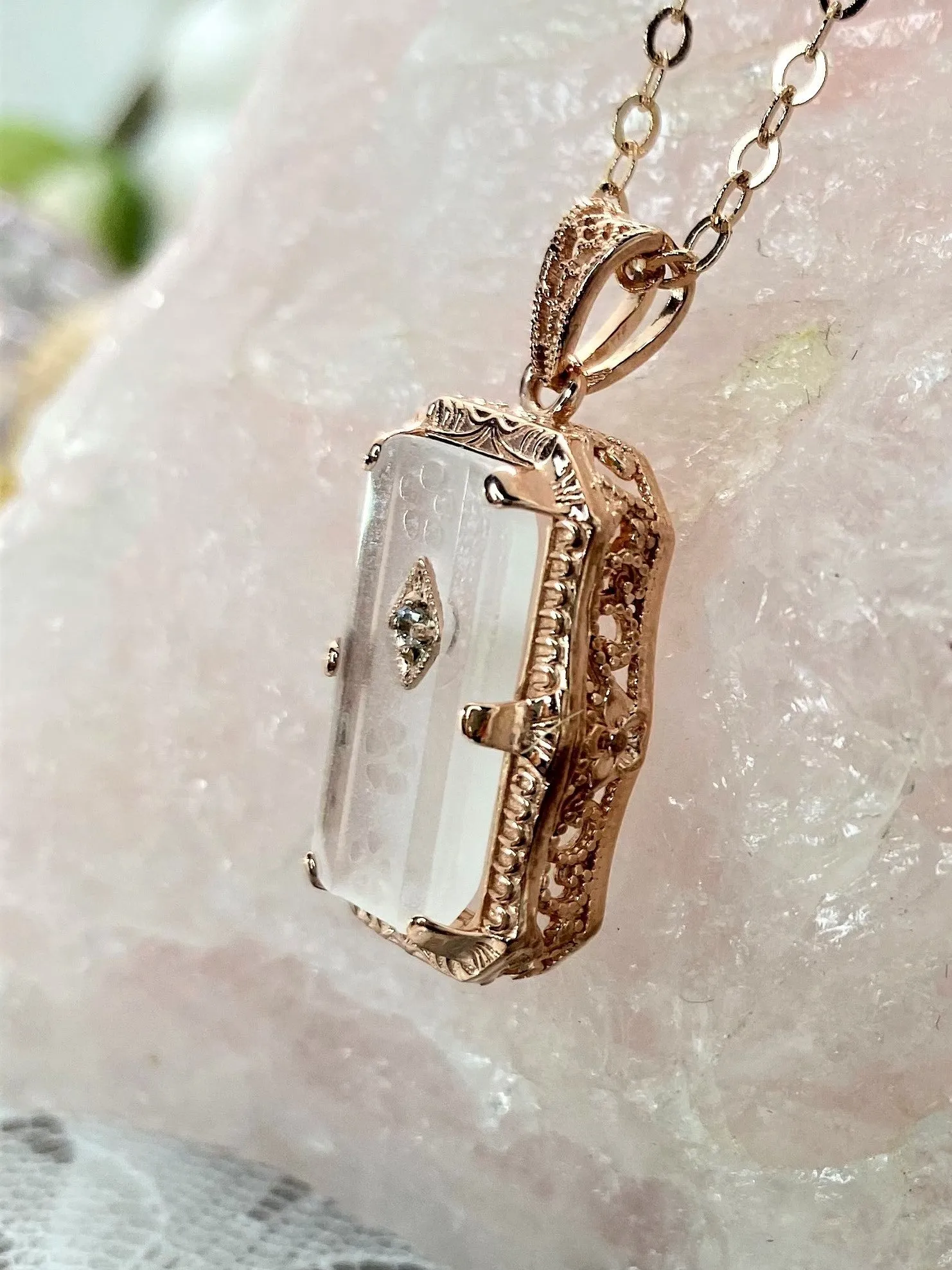 Pendant, Frosted Camphor Glass Rose Gold plated Necklace #P232