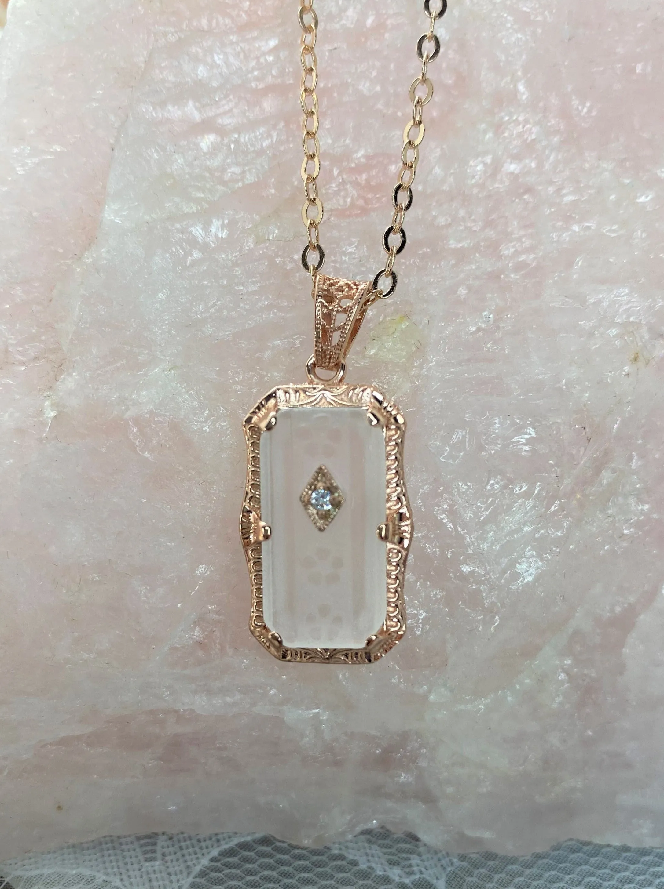 Pendant, Frosted Camphor Glass Rose Gold plated Necklace #P232