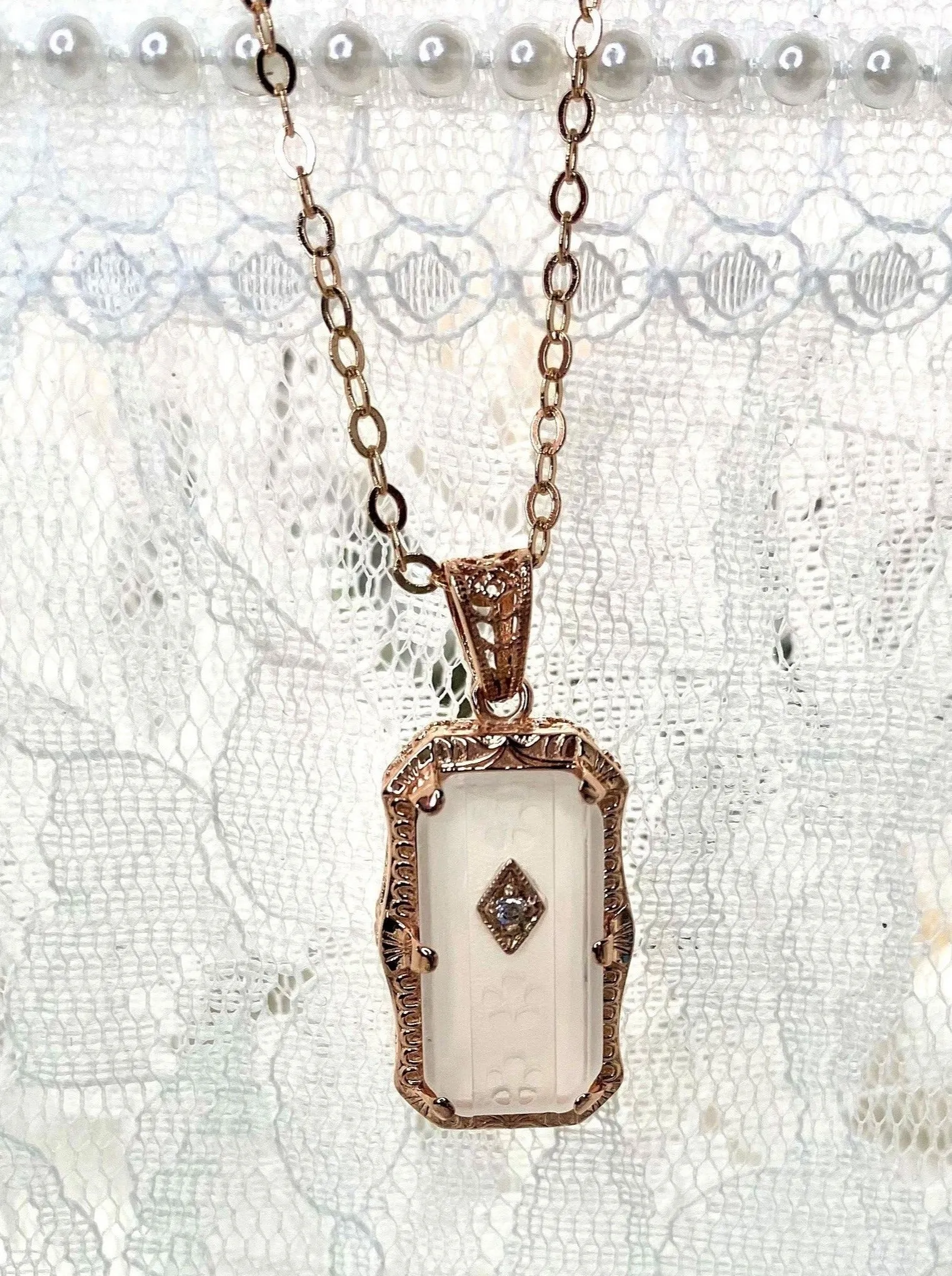 Pendant, Frosted Camphor Glass Rose Gold plated Necklace #P232