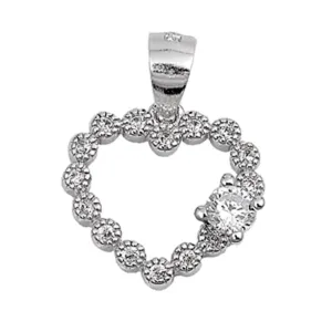 Pendant Studded Heart Outline Clear Simulated CZ .925 Sterling Silver Love Charm