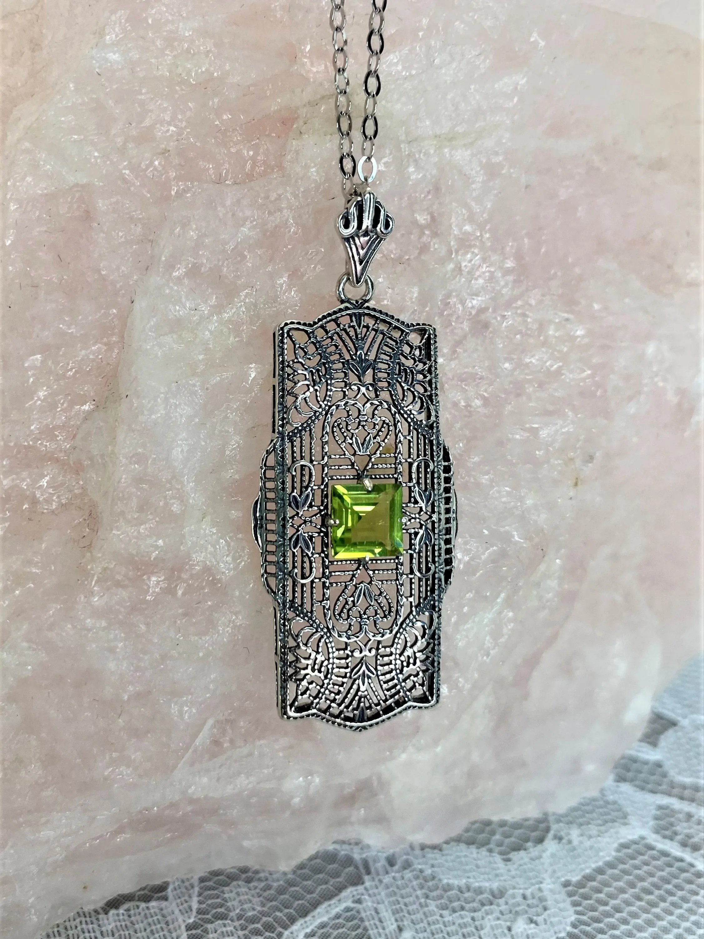 Peridot Pendant, Natural Gemstone, Art Deco Necklace #P26