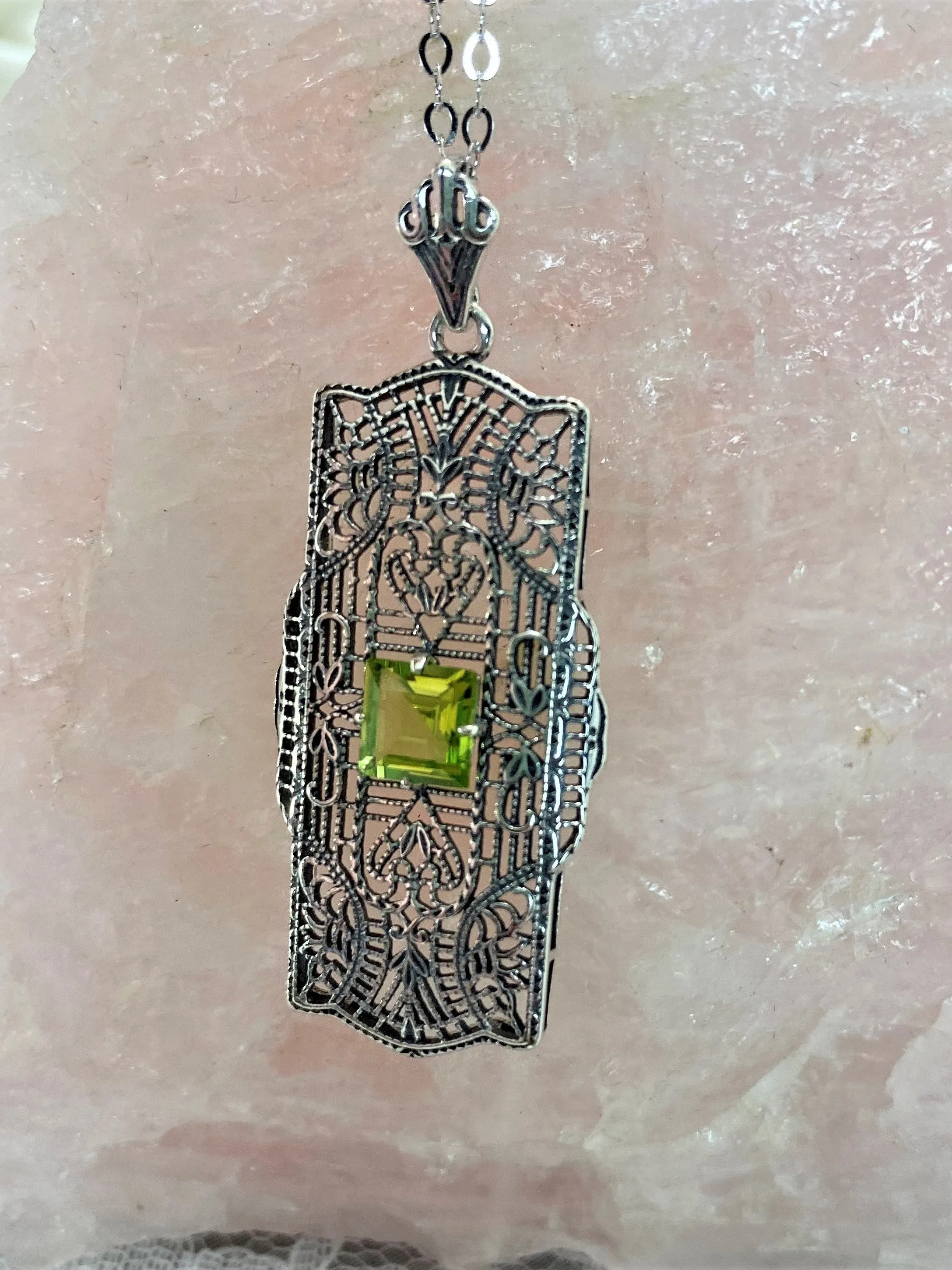 Peridot Pendant, Natural Gemstone, Art Deco Necklace #P26