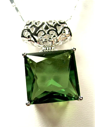 Peridot Pendant Square Gem Sterling Silver Art Deco Jewelry #P45 - Ready to Ship