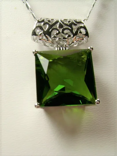 Peridot Pendant Square Gem Sterling Silver Art Deco Jewelry #P45 - Ready to Ship
