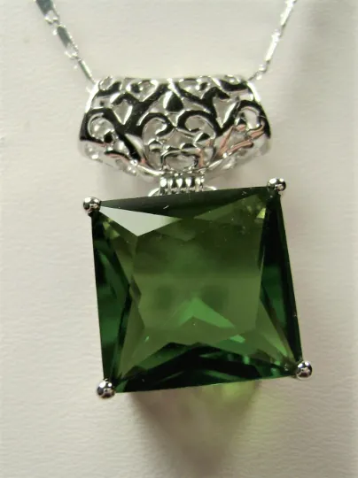 Peridot Pendant, Square Gem, Sterling Silver Art Deco Jewelry #P45