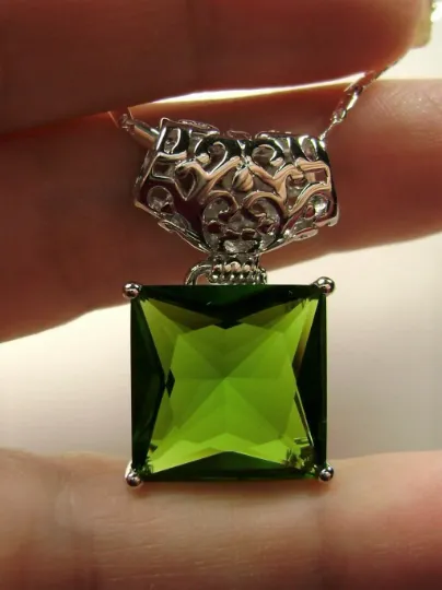 Peridot Pendant, Square Gem, Sterling Silver Art Deco Jewelry #P45