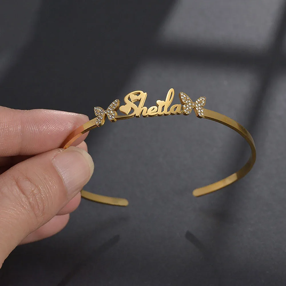 Personalised Name Bracelet Titanium Steel Butterfly Rhinestone Bracelet Custom Made Bracelets with Opening Adjustable