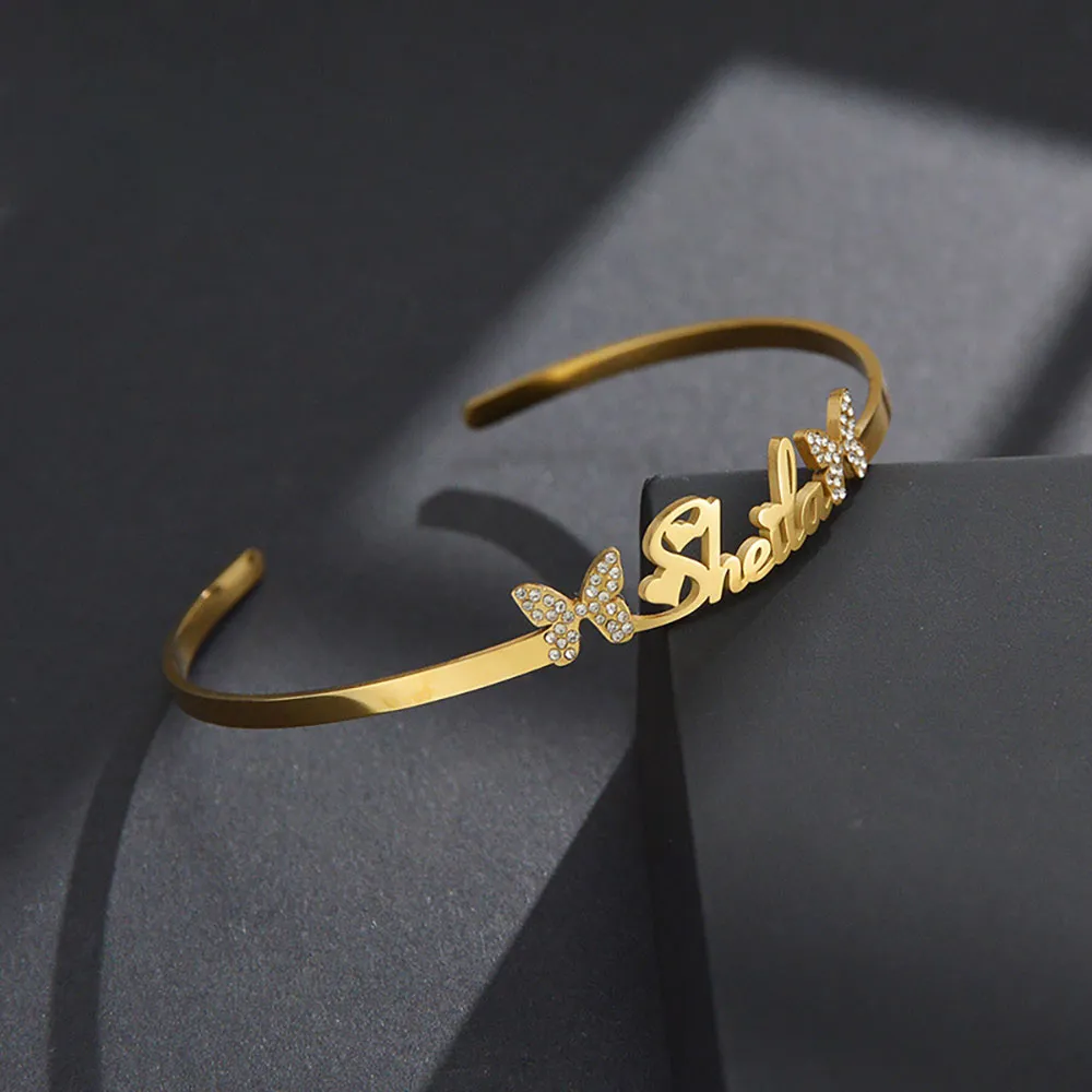 Personalised Name Bracelet Titanium Steel Butterfly Rhinestone Bracelet Custom Made Bracelets with Opening Adjustable