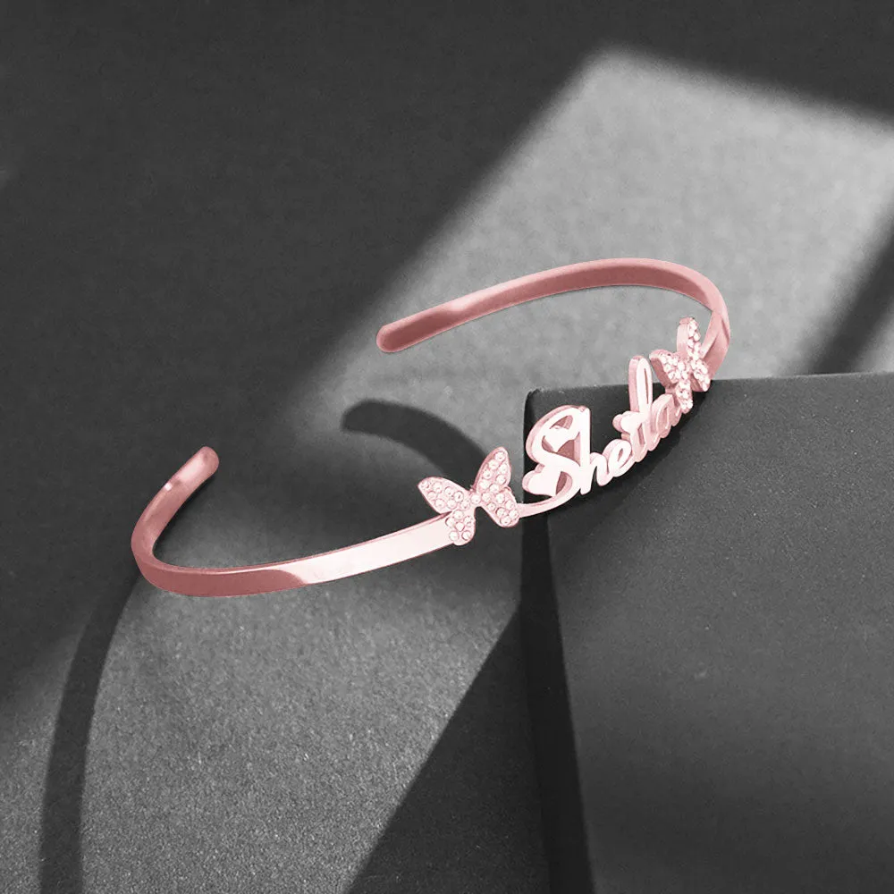 Personalised Name Bracelet Titanium Steel Butterfly Rhinestone Bracelet Custom Made Bracelets with Opening Adjustable