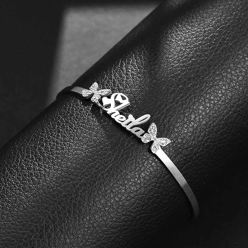 Personalised Name Bracelet Titanium Steel Butterfly Rhinestone Bracelet Custom Made Bracelets with Opening Adjustable