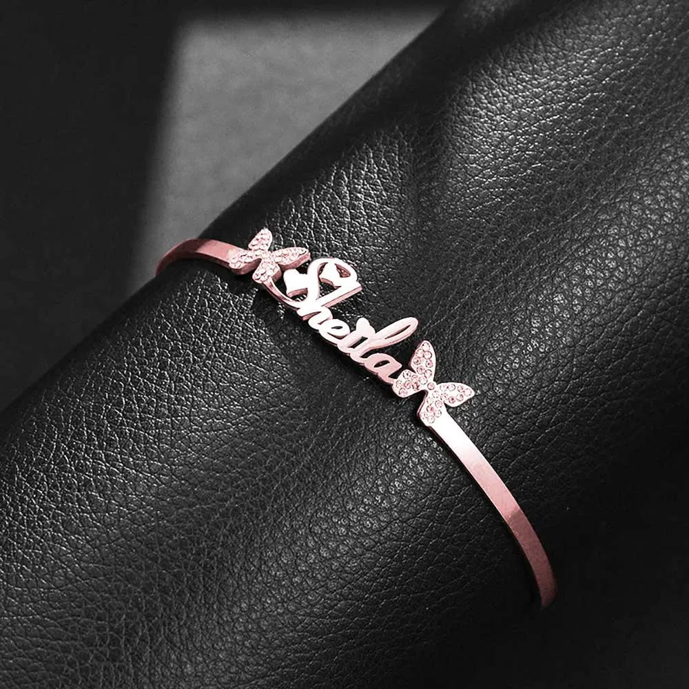 Personalised Name Bracelet Titanium Steel Butterfly Rhinestone Bracelet Custom Made Bracelets with Opening Adjustable
