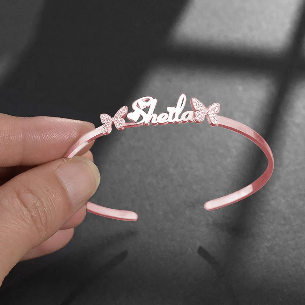 Personalised Name Bracelet Titanium Steel Butterfly Rhinestone Bracelet Custom Made Bracelets with Opening Adjustable