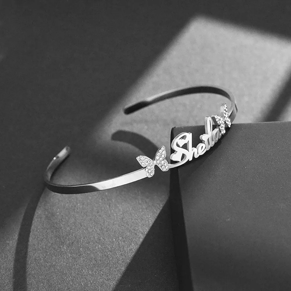 Personalised Name Bracelet Titanium Steel Butterfly Rhinestone Bracelet Custom Made Bracelets with Opening Adjustable