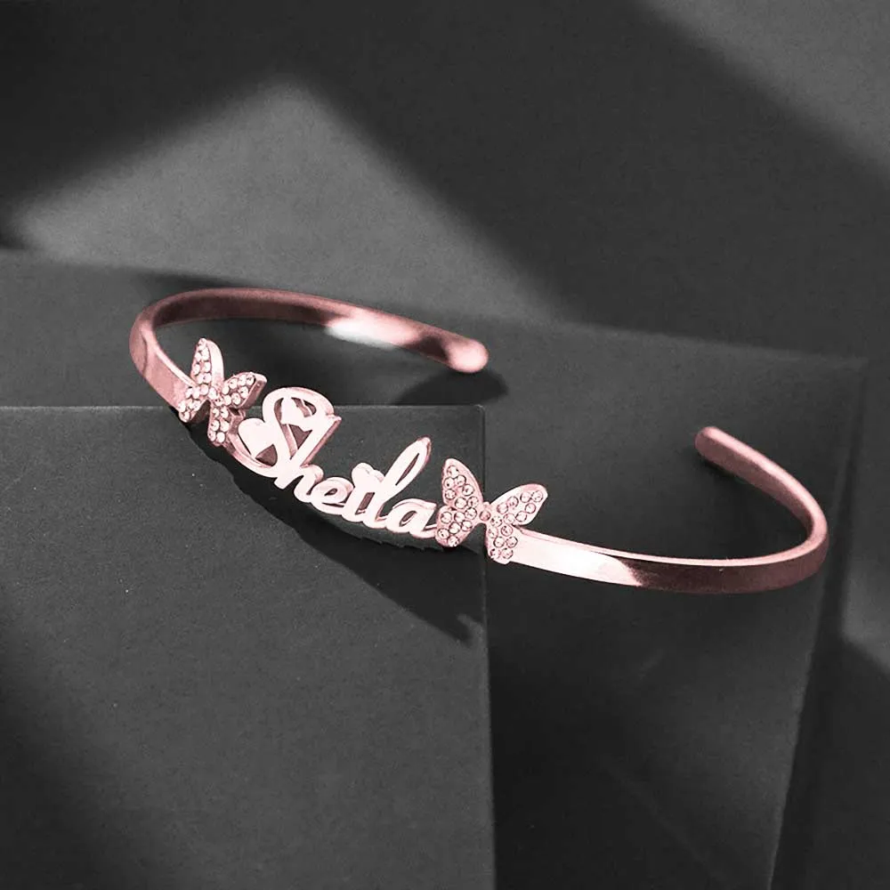Personalised Name Bracelet Titanium Steel Butterfly Rhinestone Bracelet Custom Made Bracelets with Opening Adjustable