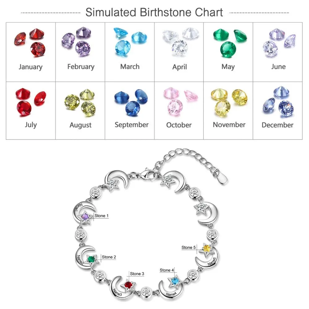 Personalized 5 Birthstone Star Moon Chain Bracelets For Women