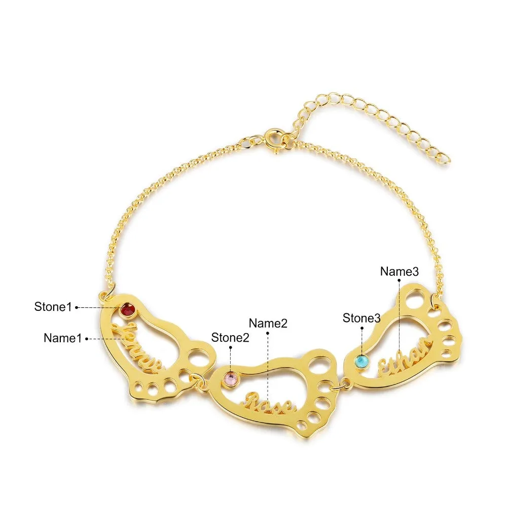 Personalized Baby Feet 3 Names 3 Stones Bracelet