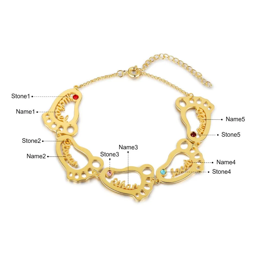 Personalized Baby Feet 5 Names 5 Stones Bracelet