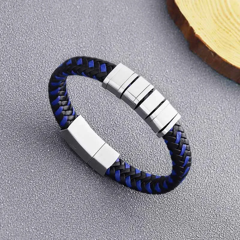 Personalized Blue & Black Vintage Bracelet Engraved Multi-Layered Weave Family Bracelets