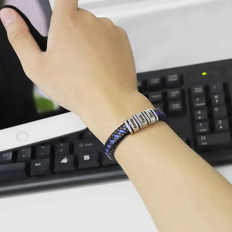 Personalized Blue & Black Vintage Bracelet Engraved Multi-Layered Weave Family Bracelets