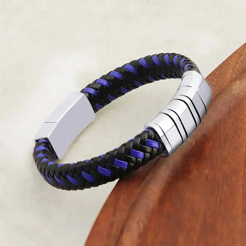 Personalized Blue & Black Vintage Bracelet Engraved Multi-Layered Weave Family Bracelets