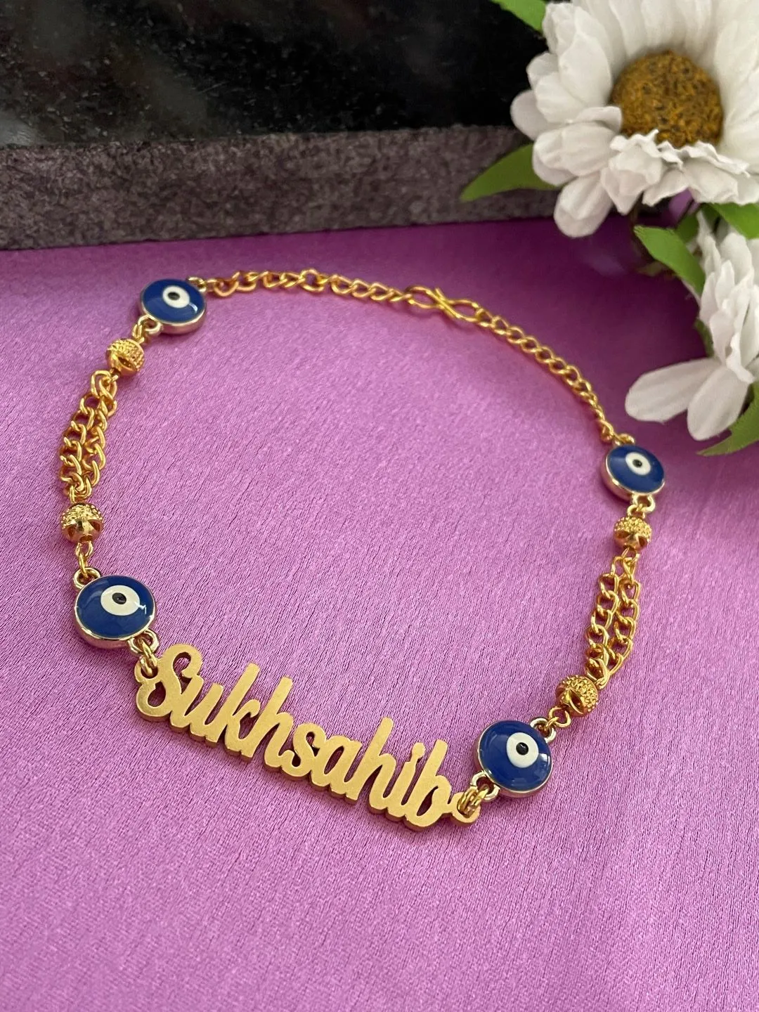 Personalized Name Bracelet in Gold Plated Chain with Evil Eye