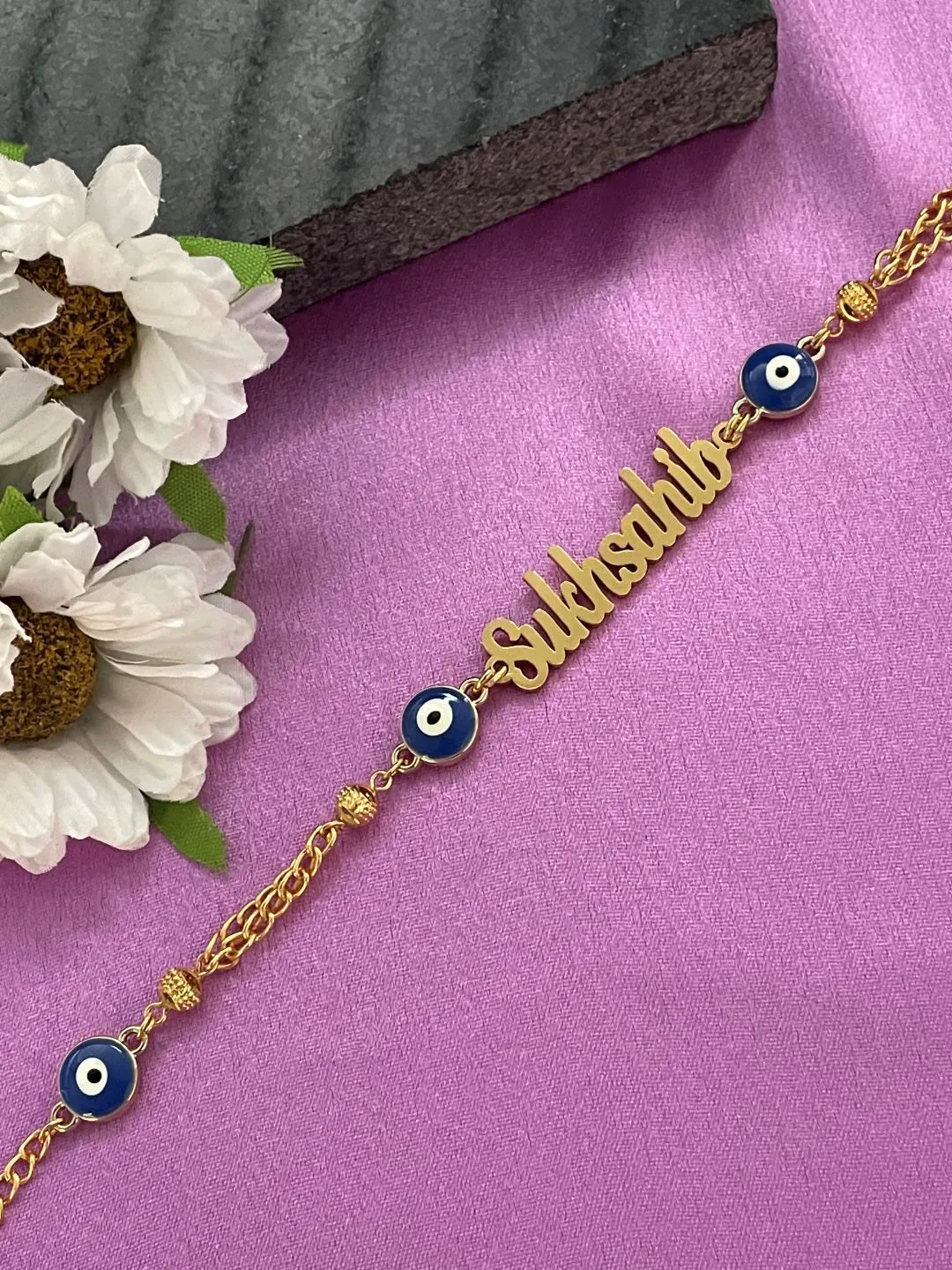 Personalized Name Bracelet in Gold Plated Chain with Evil Eye