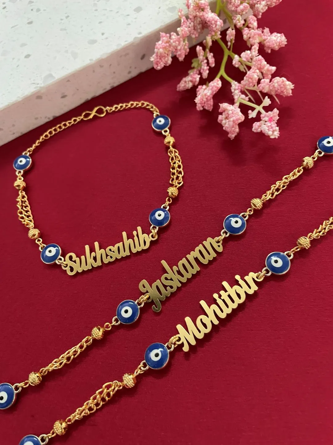 Personalized Name Bracelet in Gold Plated Chain with Evil Eye