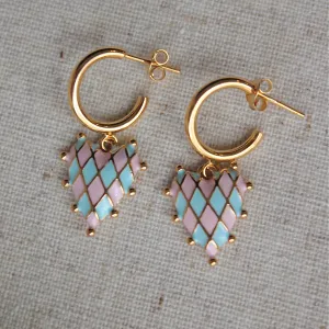Pink and Blue Checkerboard Heart Earrings - Gold Vermeil