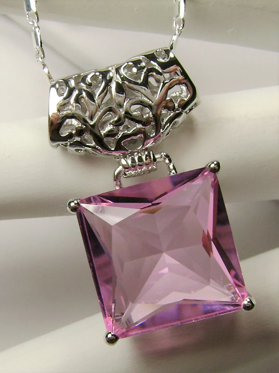 Pink Pendant, Square Gem, Sterling Silver Art Deco Jewelry #P45