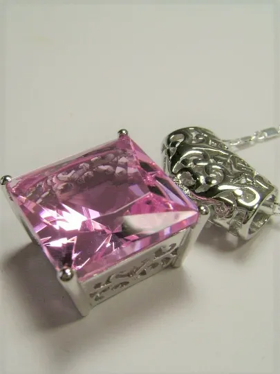 Pink Pendant, Square Gem, Sterling Silver Art Deco Jewelry #P45