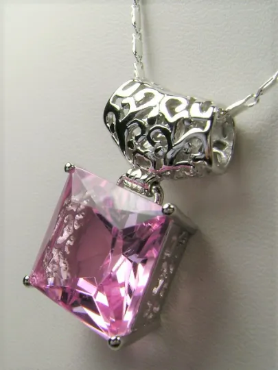 Pink Pendant, Square Gem, Sterling Silver Art Deco Jewelry #P45
