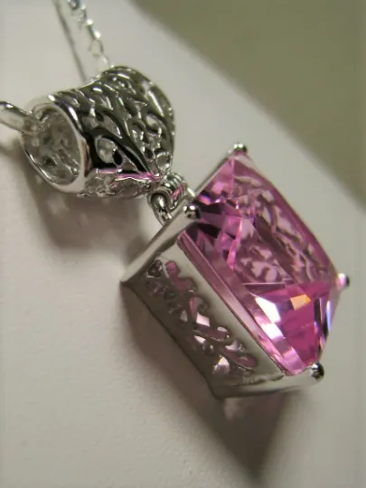 Pink Pendant, Square Gem, Sterling Silver Art Deco Jewelry #P45