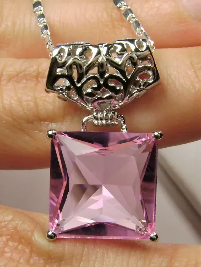 Pink Pendant, Square Gem, Sterling Silver Art Deco Jewelry #P45