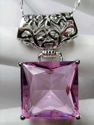 Pink Pendant, Square Gem, Sterling Silver Art Deco Jewelry #P45