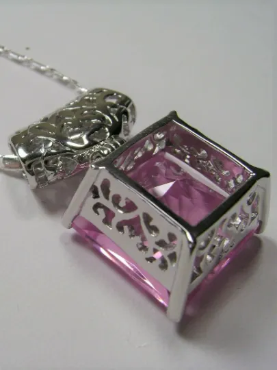 Pink Pendant, Square Gem, Sterling Silver Art Deco Jewelry #P45